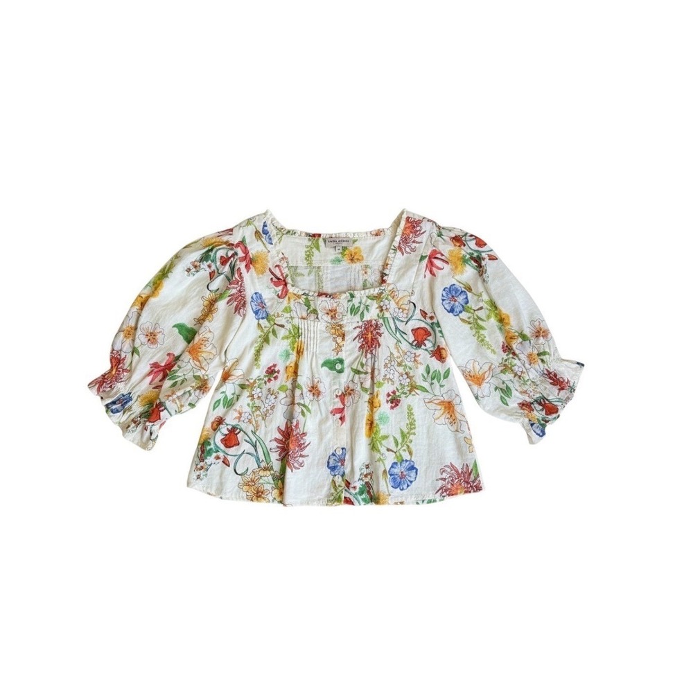 Laura Ashley Floral Linen Blend Puff Sleeve Square Neck Blouse White Medium